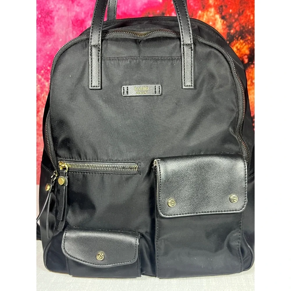 Tutilo New York Boost Black Nylon Backpack Gold Hardware Travel Commuter Bag